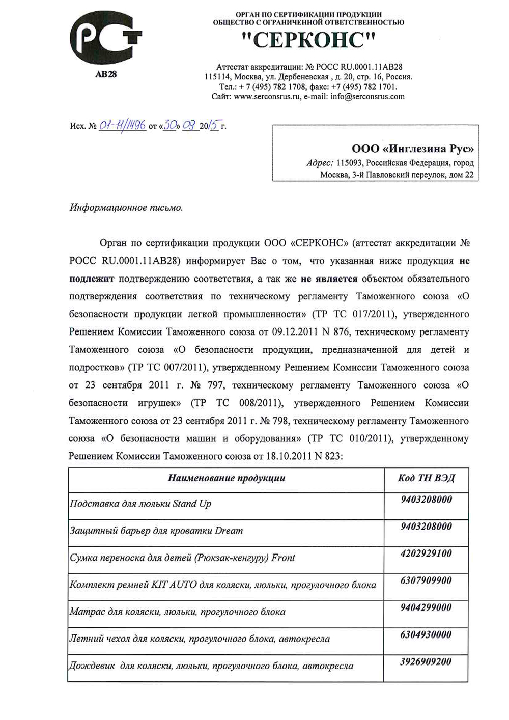 Сертификат на аксессуары Inglesina